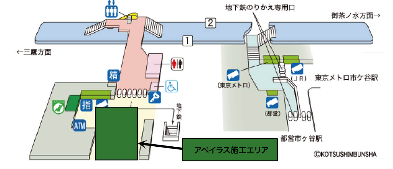 屋外からJR東日本東戸塚駅西口へ繋がるコンコース床に使用されているハイブリッドストーン アベイラス アンプロップ施工エリアを示した地図