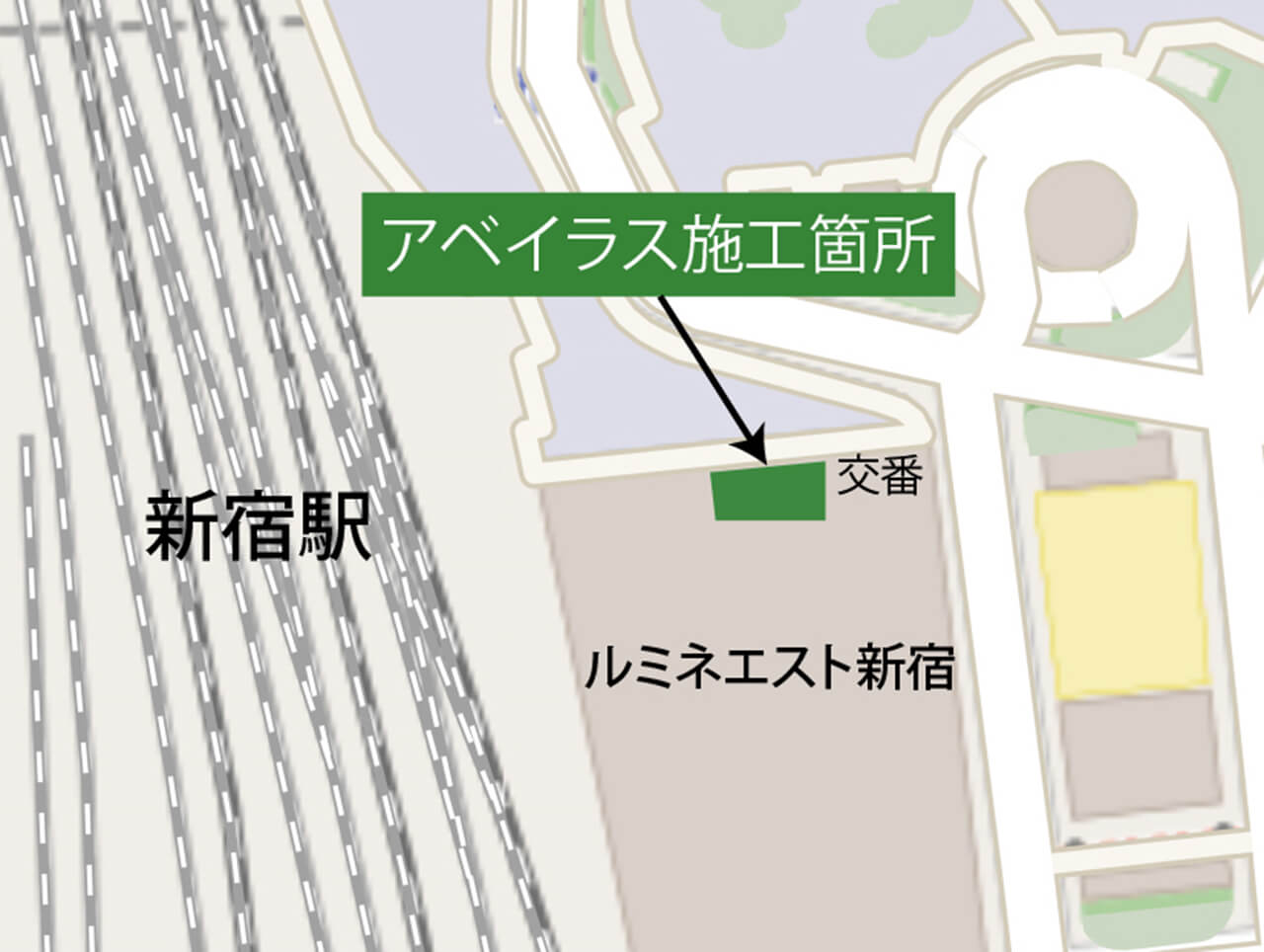 屋外からJR東日本新宿駅東口へ繋がる階段手前の床に使用されているハイブリッドストーン アベイラス アンプロップの施工エリアを示した地図