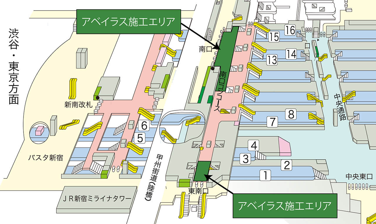 JR東日本新宿駅南口と東南口付近の床に使用されているハイブリッドストーン アベイラス アンプロップの施工エリアを示した地図