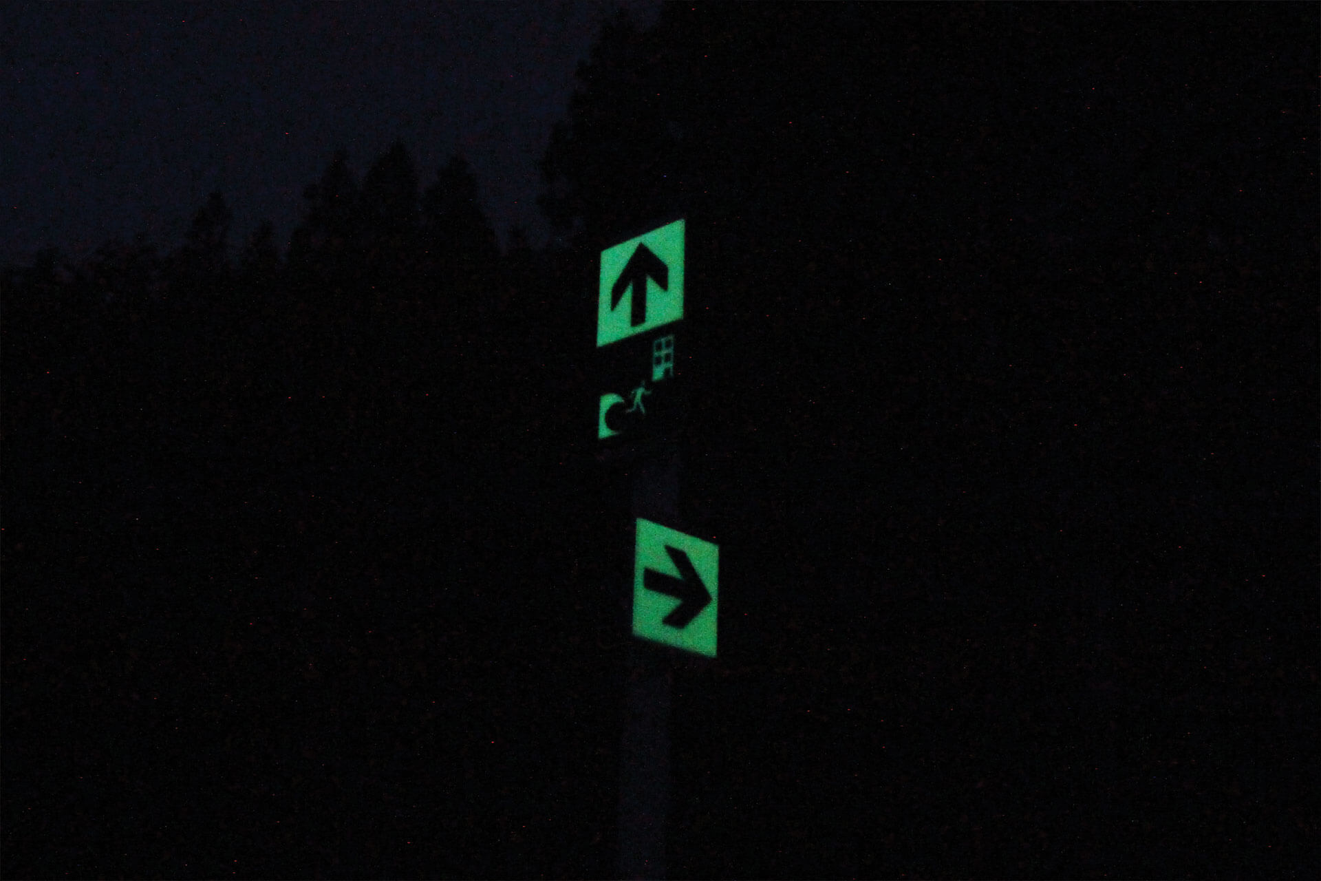 暗視下の津波避難所へ誘導する矢印と津波避難標識が標示されたハイブリッドストーン アベイラスサインプレート（高輝度蓄光式屋外用案内標示板）